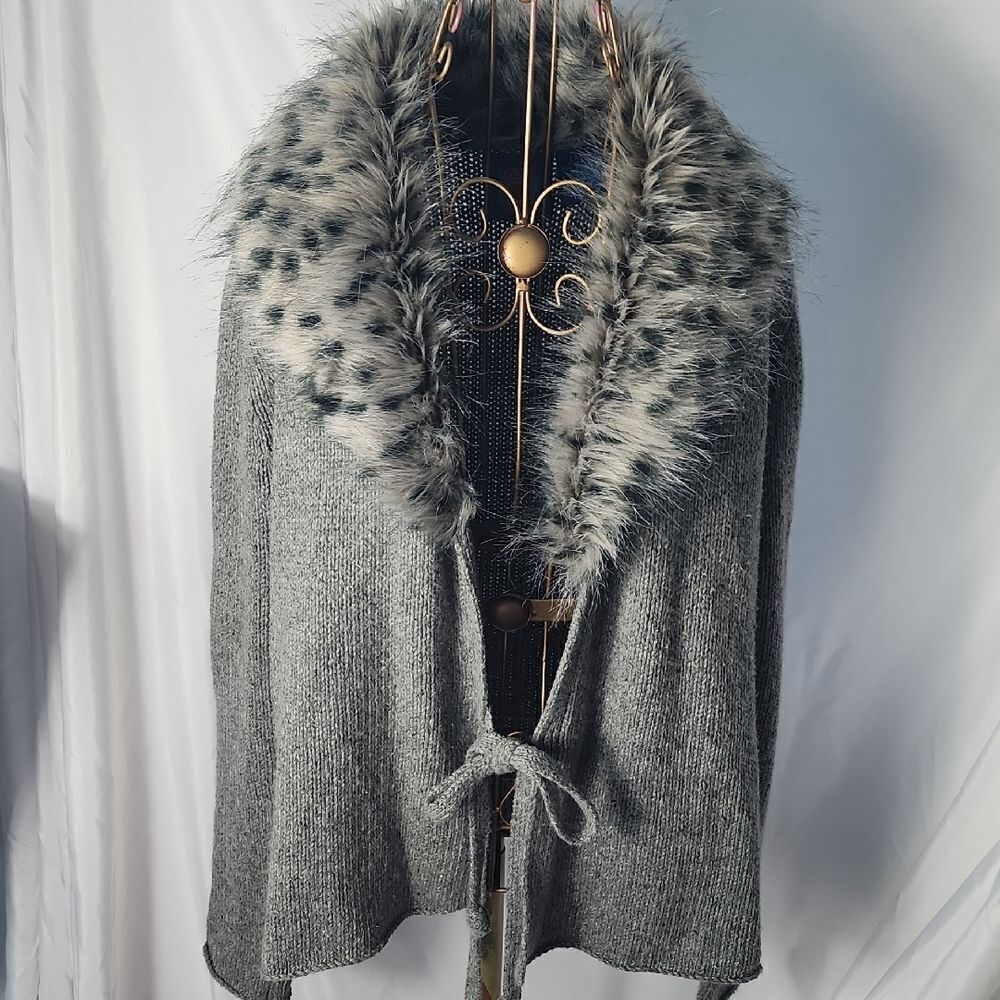 Quiet Luxury Vintage Y2k Faux Fur Snow Leopard Collar Wool Blend Open Tie Cardi